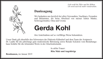 Traueranzeige von Gerda Kohl von Südthüringer Presse