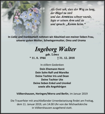 Traueranzeige von Ingeborg Walter von Südthüringer Presse