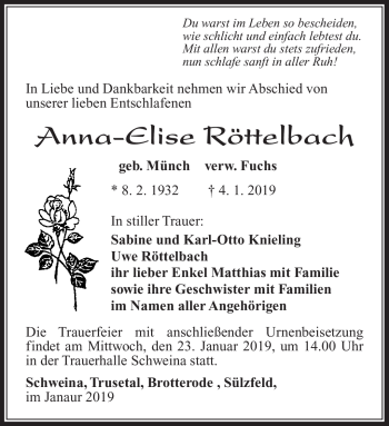 Traueranzeige von Anna-Elise Röttelbach von Südthüringer Presse