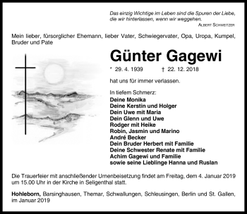 Traueranzeige von Günter Gagewi von Südthüringer Presse