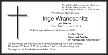 Traueranzeige von Inge Wraneschitz von Frankenpost