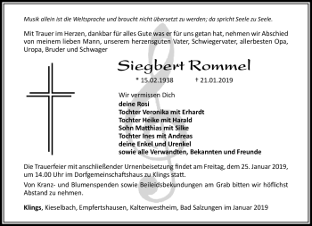 Traueranzeige von Siegbert Rommel von Südthüringer Presse