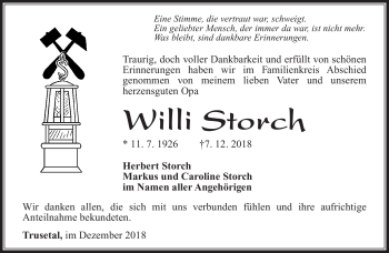 Traueranzeige von Willi Storch von Südthüringer Presse
