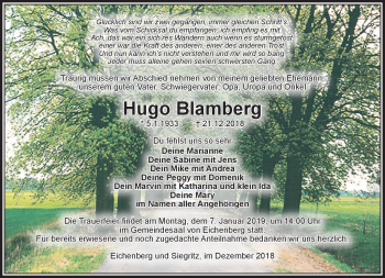 Traueranzeige von Hugo Blamberg von Südthüringer Presse