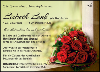 Traueranzeige von Lisbeth Lenk von Südthüringer Presse