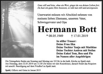 Traueranzeige von Hermann Bott von Südthüringer Presse