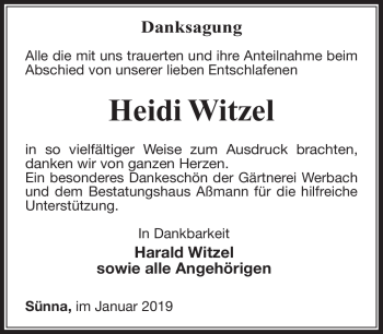 Traueranzeige von Heidi Witzel von Südthüringer Presse