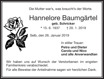 Traueranzeige von Hannelore Baumgärtel von Frankenpost