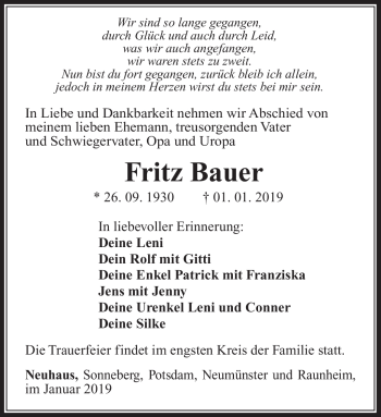 Traueranzeige von Fritz Bauer von Südthüringer Presse