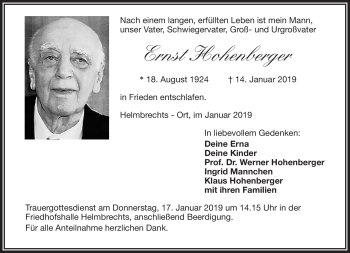Traueranzeige von Ernst Hohenberger von Frankenpost