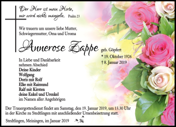 Traueranzeige von Annerose Zappe von Südthüringer Presse