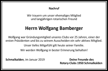 Traueranzeige von Wolfgang Bamberger von Südthüringer Presse