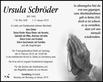 Traueranzeige von Ursula Schröder von Südthüringer Presse