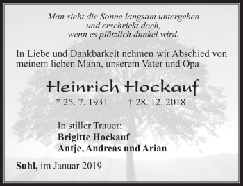 Traueranzeige von Heinrich Hockauf von Südthüringer Presse