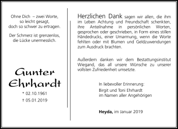 Traueranzeige von Gunter Ehrhardt von Südthüringer Presse