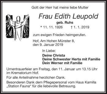 Traueranzeige von Edith Leupold von Frankenpost