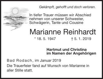 Traueranzeige von Marianne Reinhardt von Neue Presse Coburg