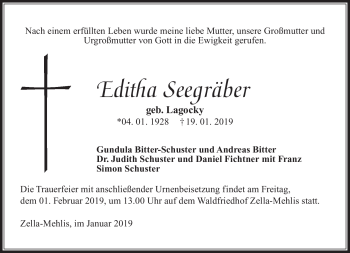 Traueranzeige von Editha Seegräber von Südthüringer Presse