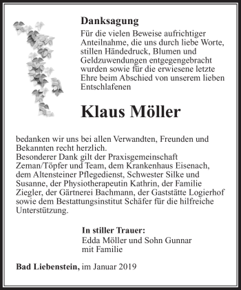Traueranzeige von Klaus Möller von Südthüringer Presse