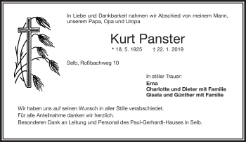 Traueranzeige von Kurt Panster von Frankenpost