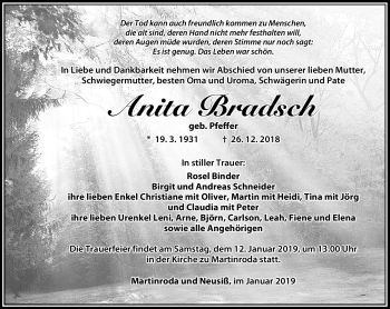 Traueranzeige von Anita Bradsch von Südthüringer Presse