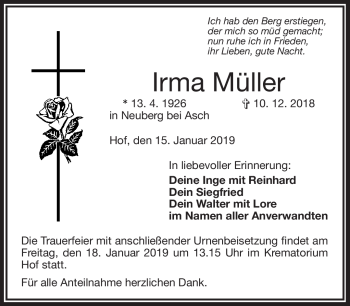 Traueranzeige von Irma Müller von Frankenpost