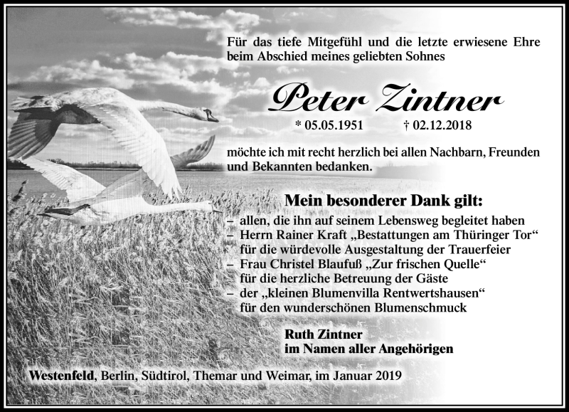  Traueranzeige für Peter Zintner vom 30.01.2019 aus Südthüringer Presse