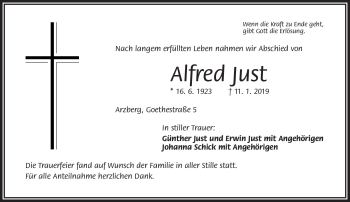 Traueranzeige von Alfred Just von Frankenpost