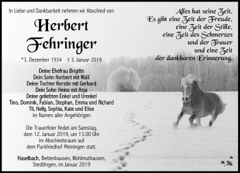 Traueranzeige von Herbert Fehringer von Südthüringer Presse