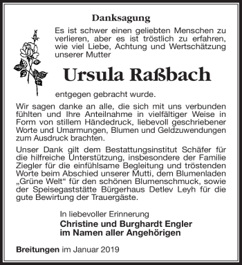 Traueranzeige von Ursula Raßbach von Südthüringer Presse