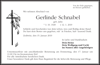 Traueranzeige von Gerlinde Schnabel von Frankenpost