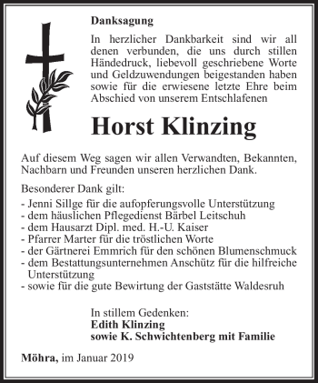 Traueranzeige von Horst Klinzing von Südthüringer Presse
