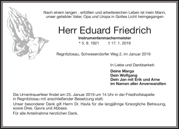 Traueranzeige von Eduard Friedrich von Frankenpost