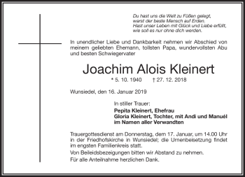 Traueranzeige von Joachim Alois Kleinert von Frankenpost