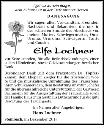 Traueranzeige von Elfe Lochner von Südthüringer Presse