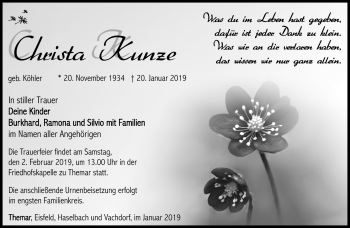 Traueranzeige von Christa Kunze von Südthüringer Presse