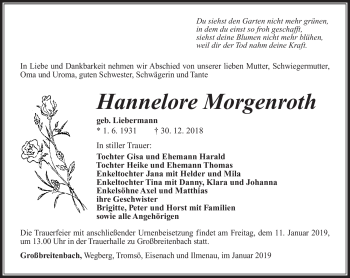 Traueranzeige von Hannelore Morgenroth von Südthüringer Presse