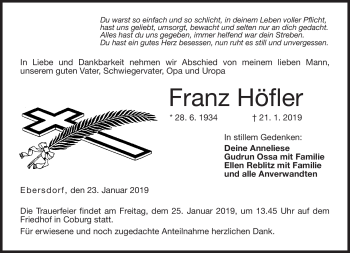 Traueranzeige von Franz Höfler von Neue Presse Coburg