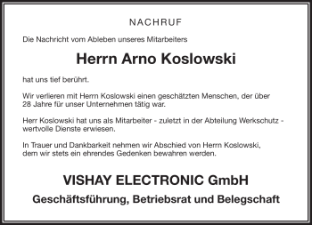 Traueranzeige von Arno Koslowski von Frankenpost