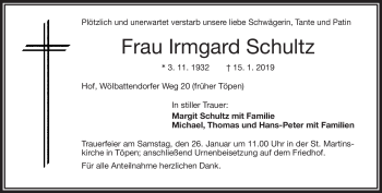 Traueranzeige von Irmgard Schultz von Frankenpost