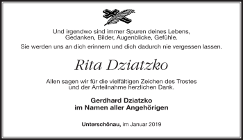 Traueranzeige von Rita Dziatzko von Südthüringer Presse