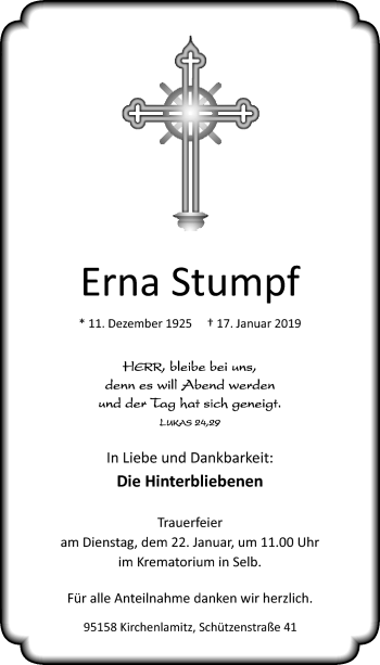 Traueranzeige von Erna Stumpf von Frankenpost