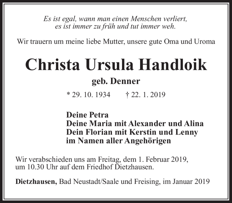  Traueranzeige für Christa Ursula Handloik vom 26.01.2019 aus Südthüringer Presse