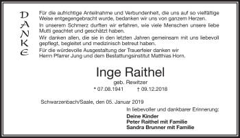 Traueranzeige von Inge Raithel von Frankenpost
