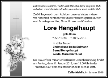 Traueranzeige von Lore Hengelhaupt von Südthüringer Presse