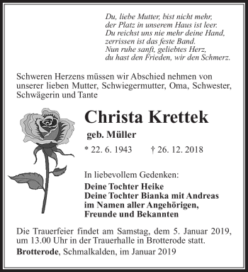 Traueranzeige von Christa Krettek von Südthüringer Presse