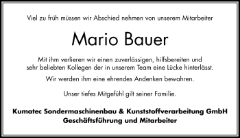 Traueranzeige von Mario Bauer von Südthüringer Presse