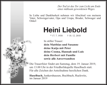 Traueranzeige von Heini Liebold von Südthüringer Presse