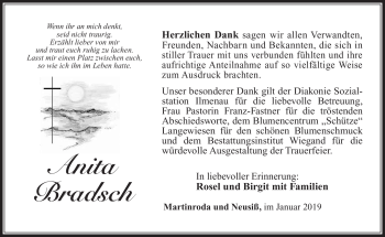 Traueranzeige von Anita Bradsch von Südthüringer Presse