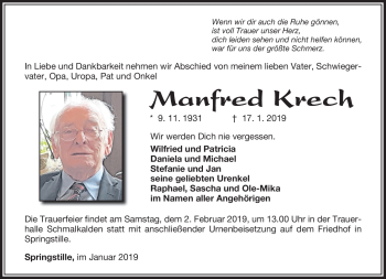 Traueranzeige von Manfred Krech von Südthüringer Presse